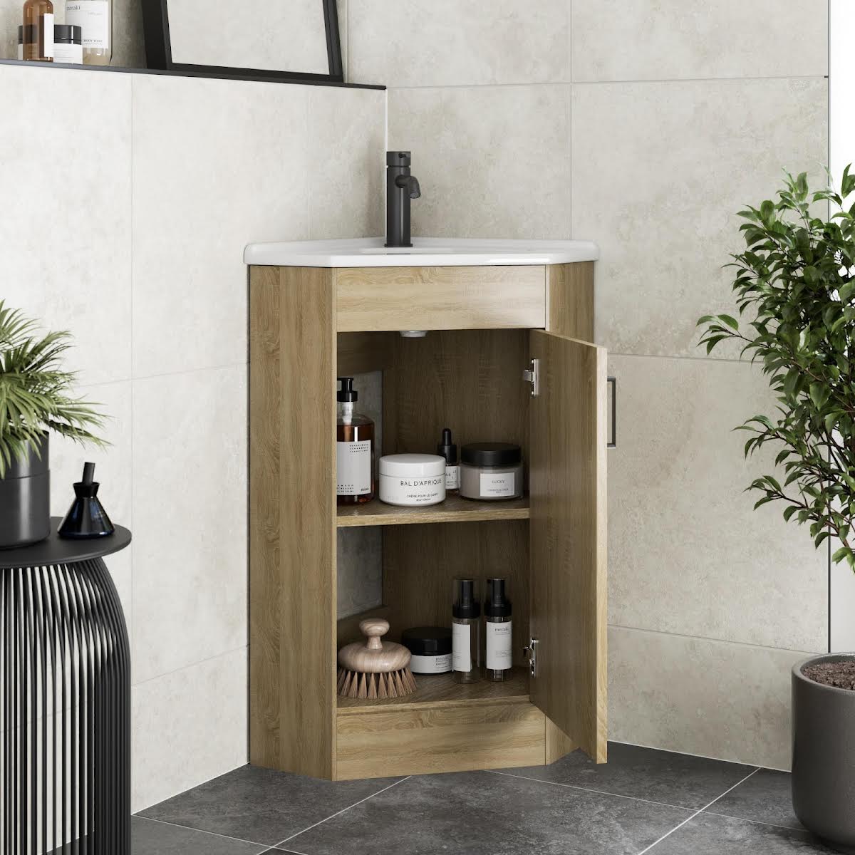 alpine-oak-single-door-corner-vanity-unit-585mm