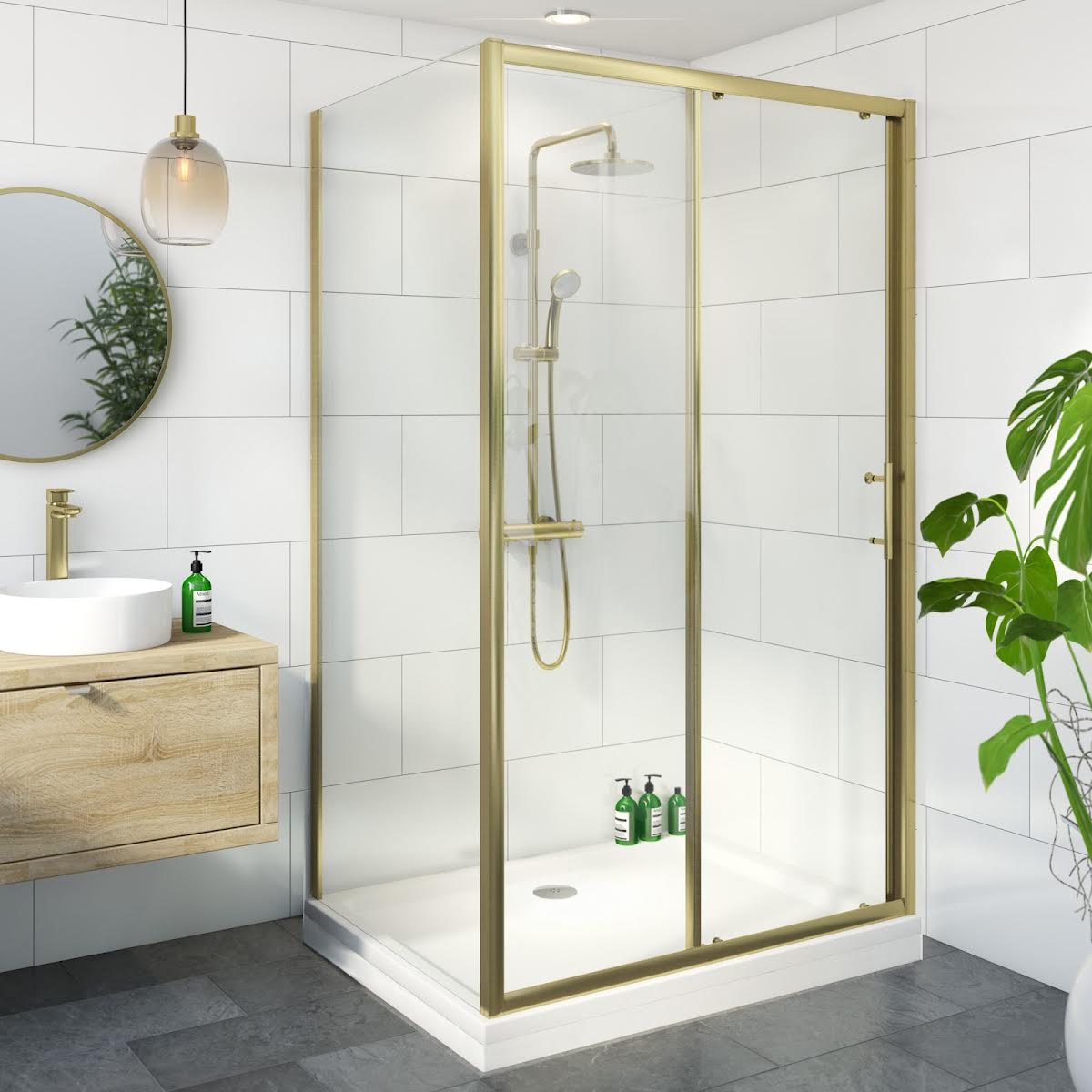 luxura-sliding-shower-enclosure-1400-x-760mm-with-raised-non-slip-tray-and-waste-6mm-brushed-brass