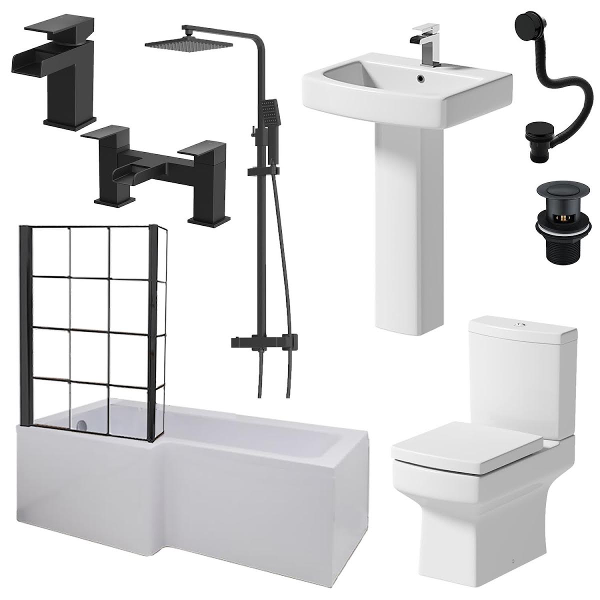 affine-royan-black-bathroom-suite-with-l-shape-shower-bath-1700-full-pedestal-basin-left-hand