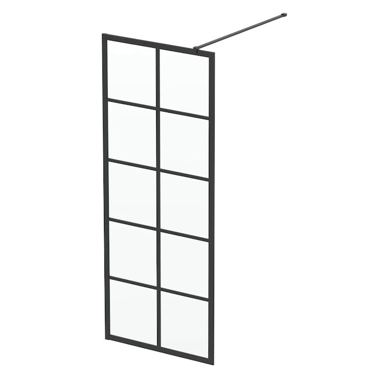 diamond-grid-walk-in-shower-screens-1700-x-800mm-with-tray-fixed-return-panel-8mm-black