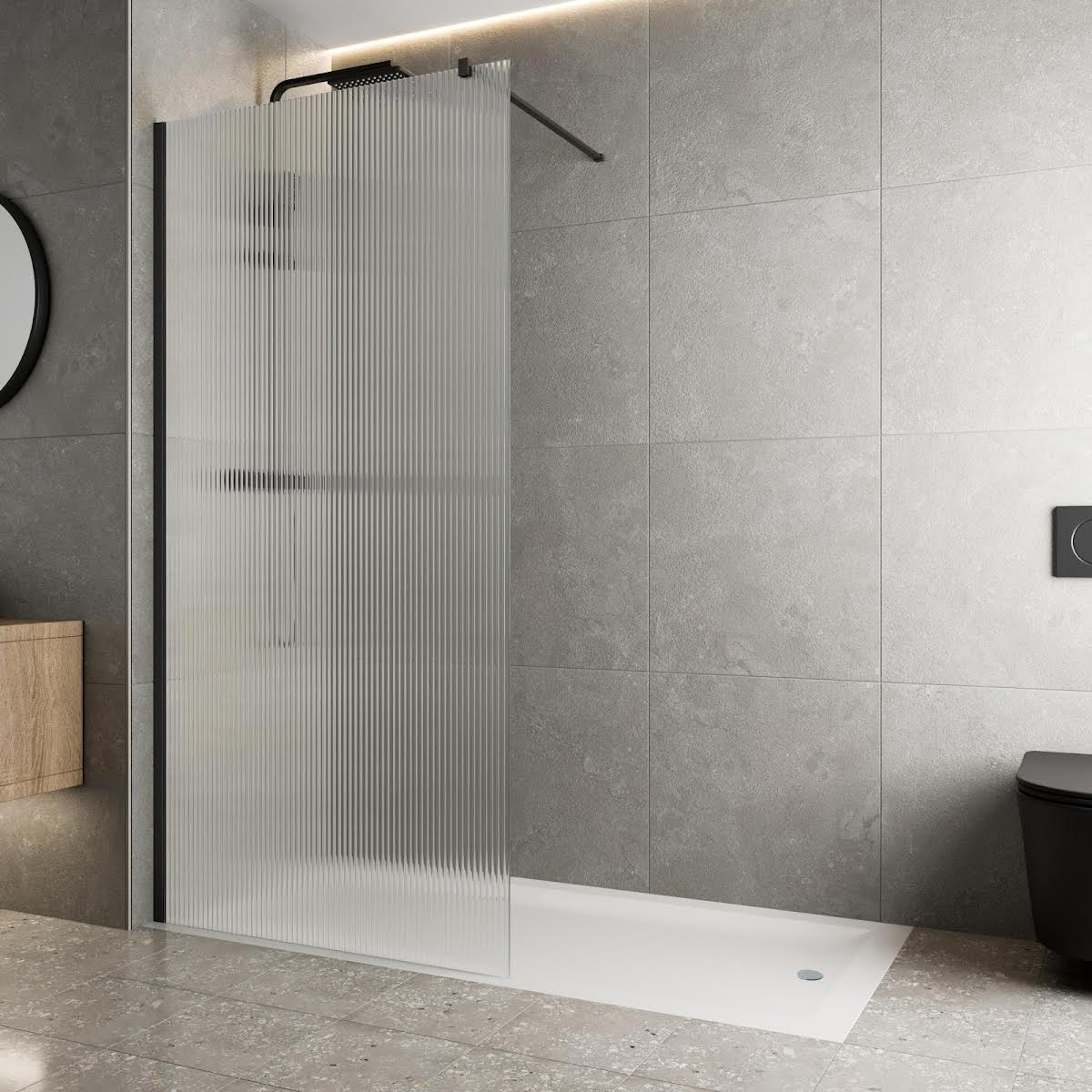 diamond-fluted-walk-in-shower-screen-1200mm-with-tray-8mm-black