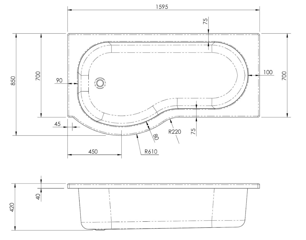 ceramica-p-shaped-1600mm-shower-bath-shower-screen-bath-panel-lh