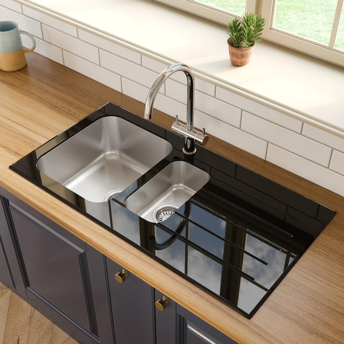 sauber-15-bowl-kitchen-sink-with-black-glass-surround-and-right-hand-drainer