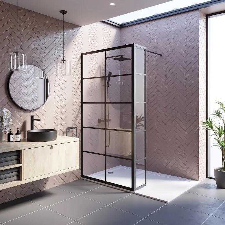 diamond-grid-walk-in-shower-screens-1700-x-800mm-with-tray-fixed-return-panel-8mm-black