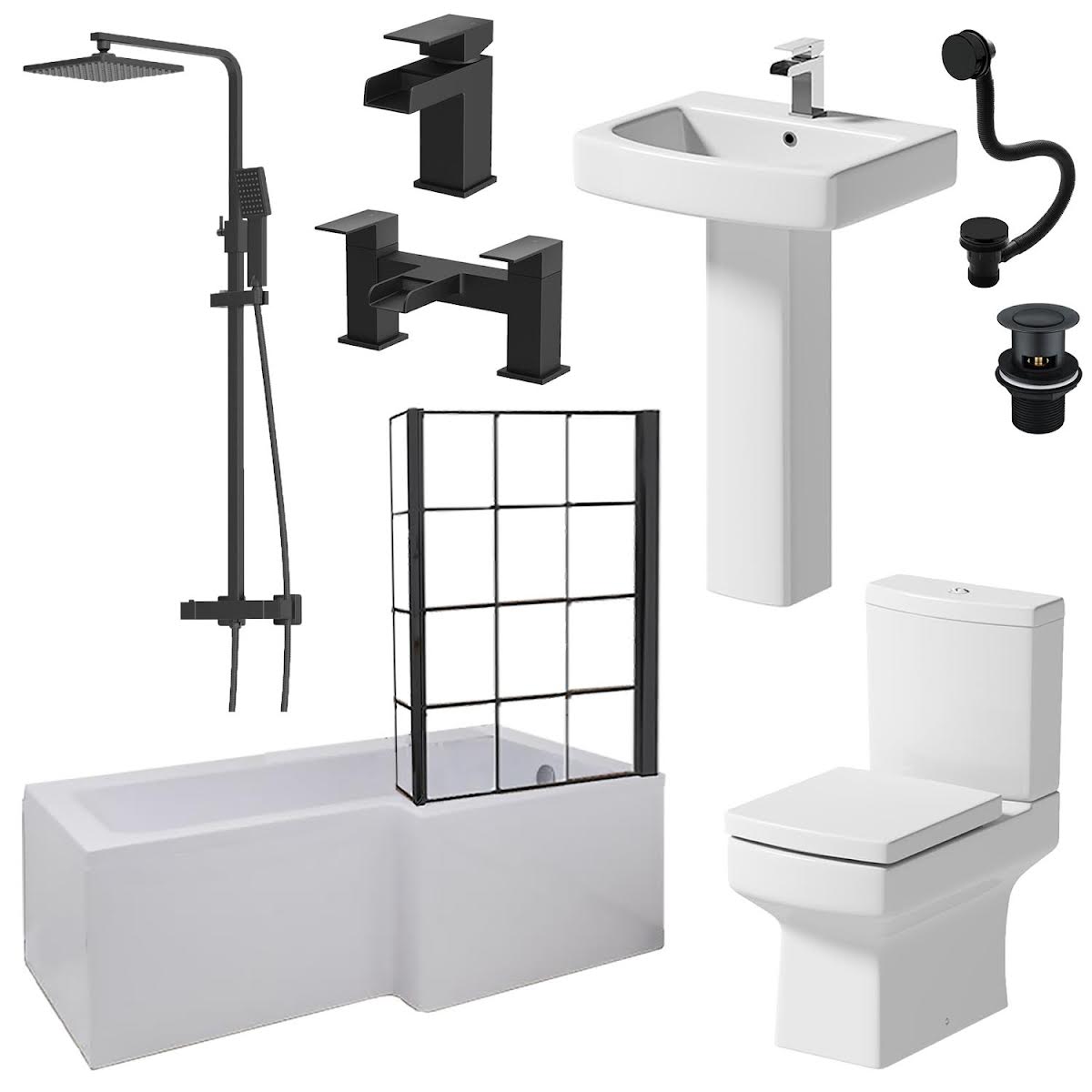 affine-royan-black-bathroom-suite-with-l-shape-shower-bath-1700-full-pedestal-basin-right-hand