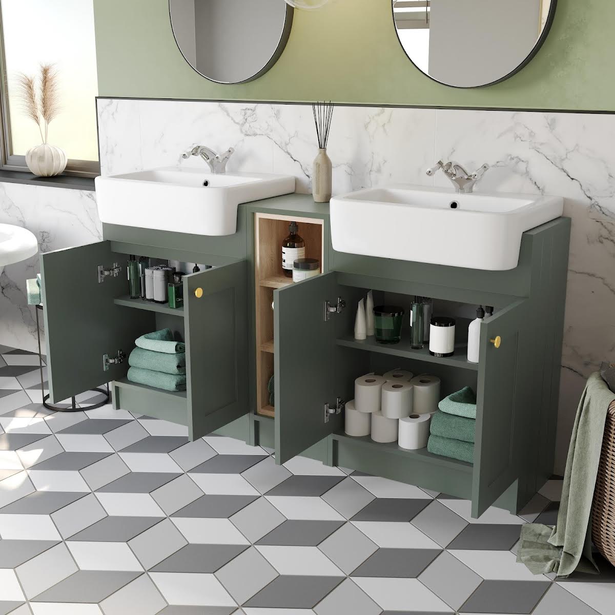 park-lane-winchester-green-double-vanity-unit-brushed-brass-handles-1540mm