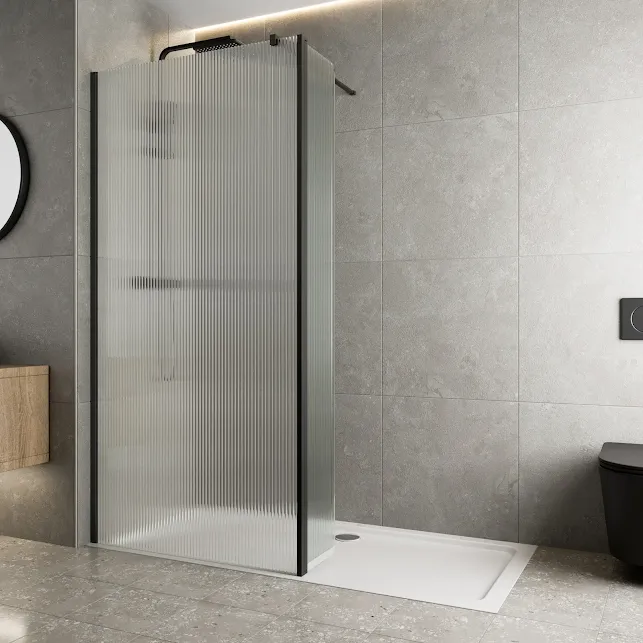 diamond-fluted-wet-room-shower-screen-1000mm-with-hinged-return-panel-8mm-black