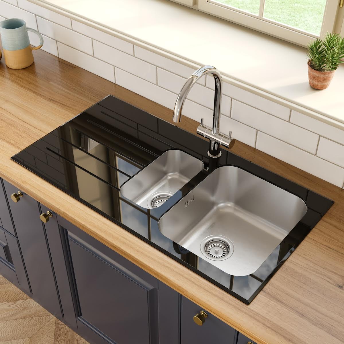 sauber-15-bowl-kitchen-sink-with-black-glass-surround-and-left-hand-drainer