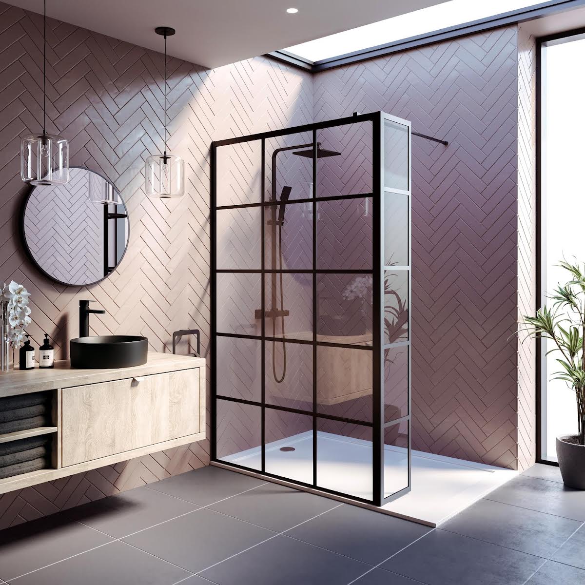 diamond-grid-glass-wet-room-shower-screen-1200mm-with-return-panel-8mm-black