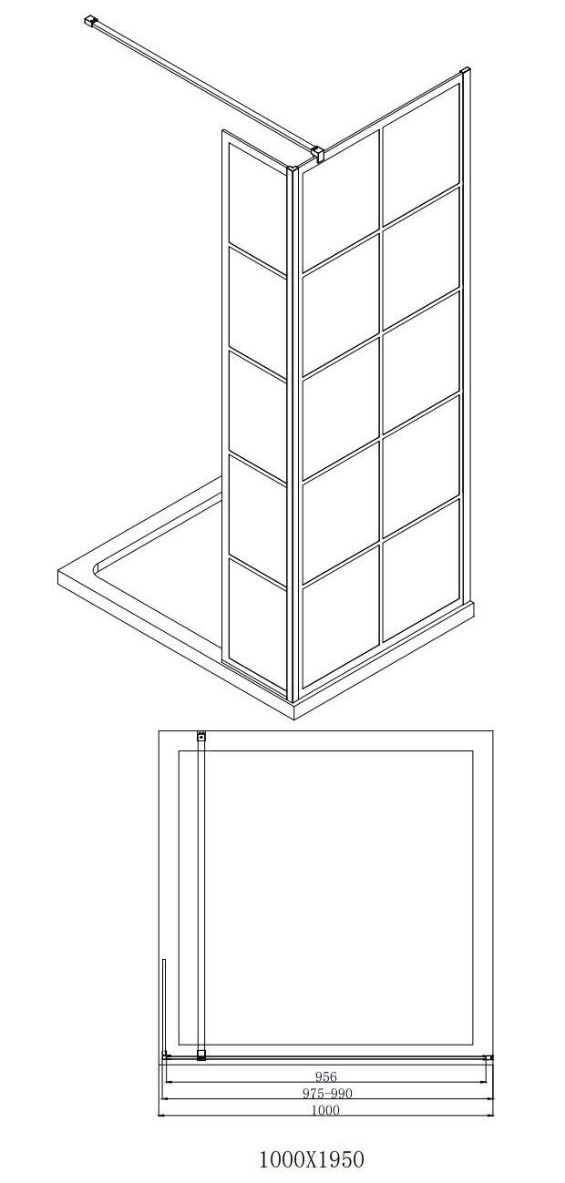 diamond-grid-glass-wet-room-shower-screen-1000mm-with-return-panel-8mm-black