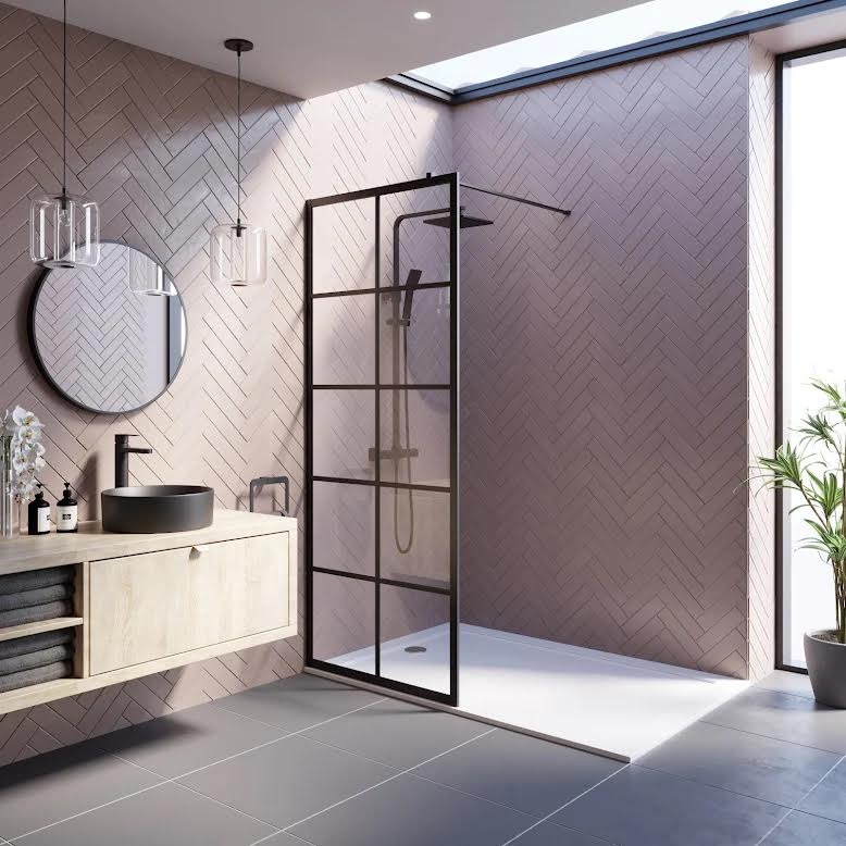 diamond-grid-walk-in-shower-screens-1700-x-800mm-with-tray-fixed-return-panel-8mm-black