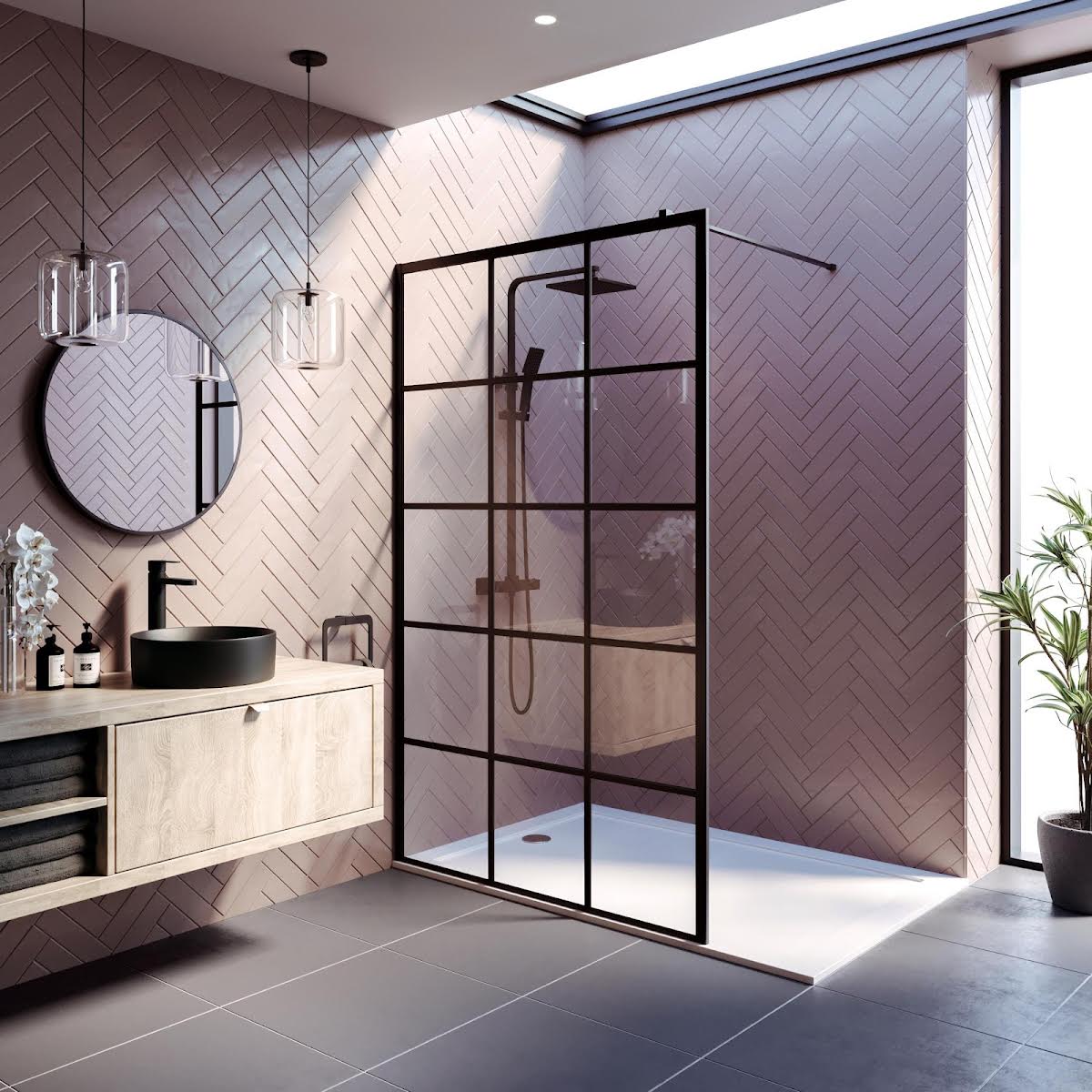 diamond-grid-glass-wet-room-shower-screen-1200mm-8mm-black