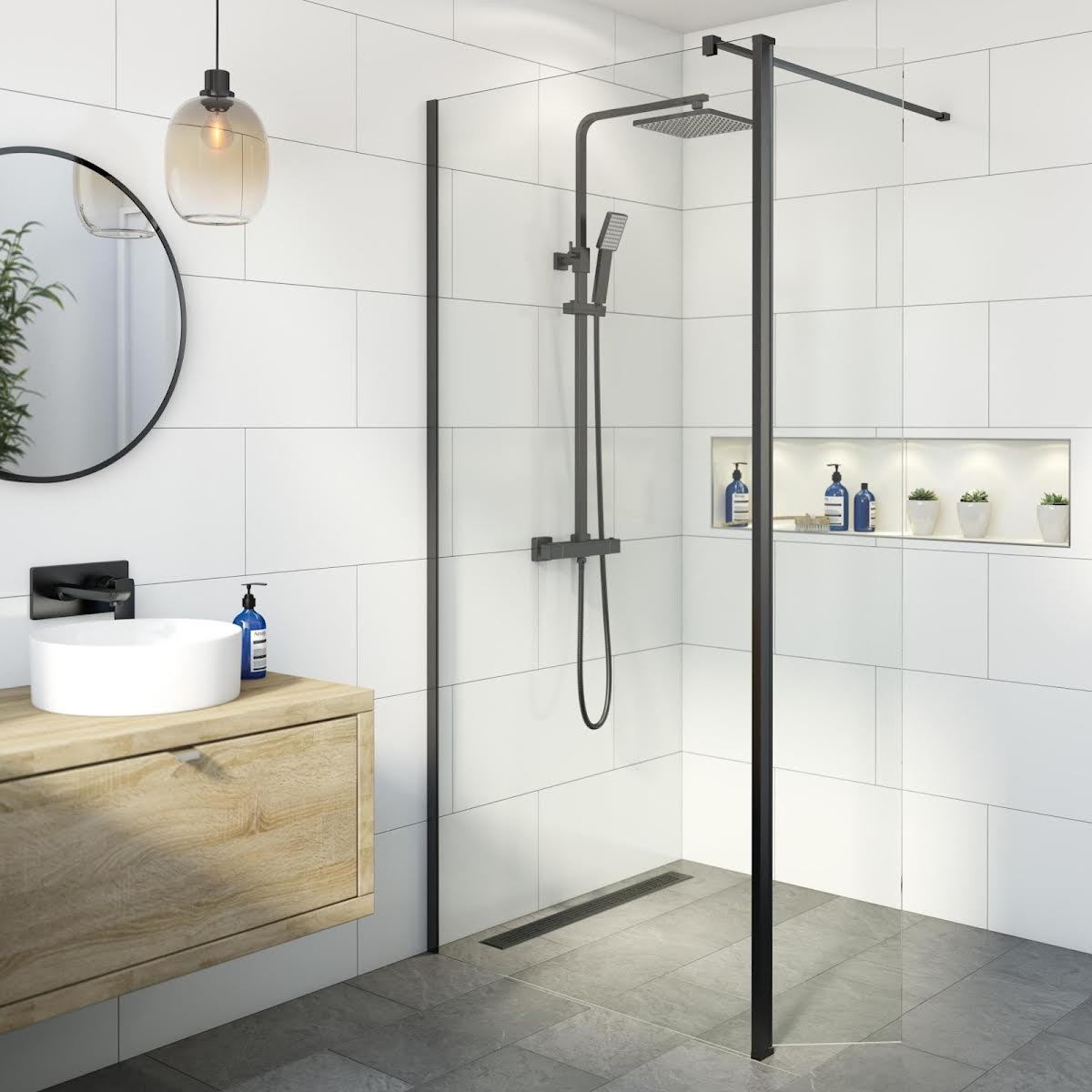 diamond-wet-room-shower-screen-1400mm-with-hinged-return-panel-8mm-black