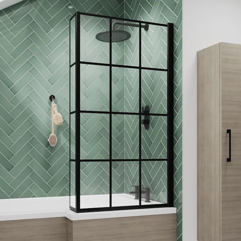 luxura-square-grid-bath-shower-screen-with-fixed-return-panel-800mm-black-6mm